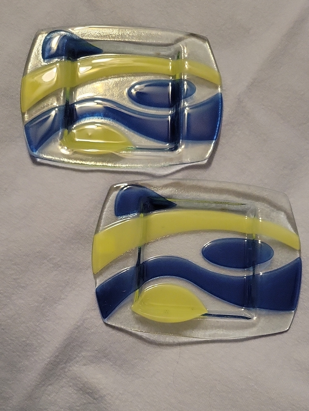 PartyLite Blue and Yellow Fused Glass Decorative Candle Tray Pair